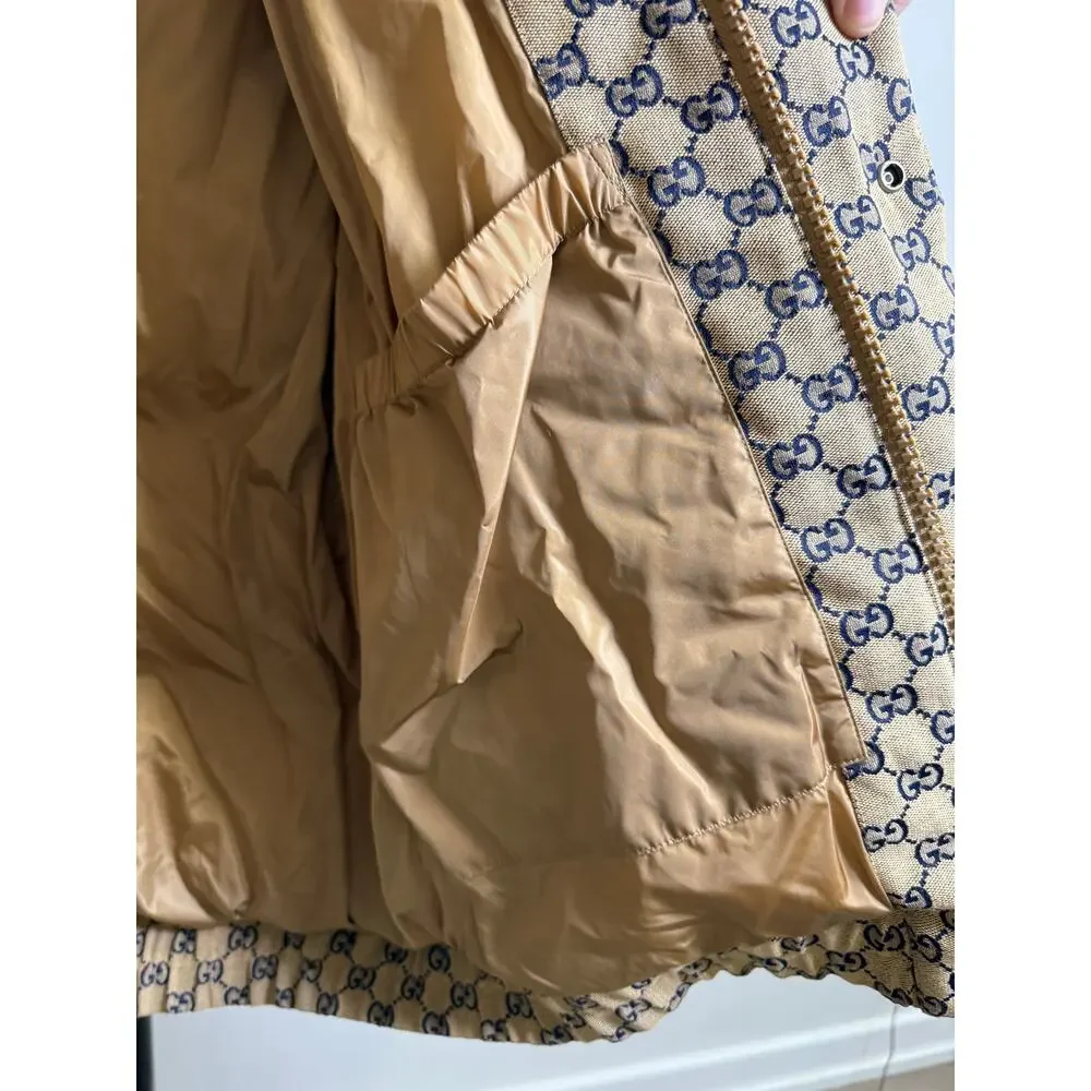 Gucci GG Monogram Down Jacket Navy Beige NWT Size 48 Medium Hooded Puffer